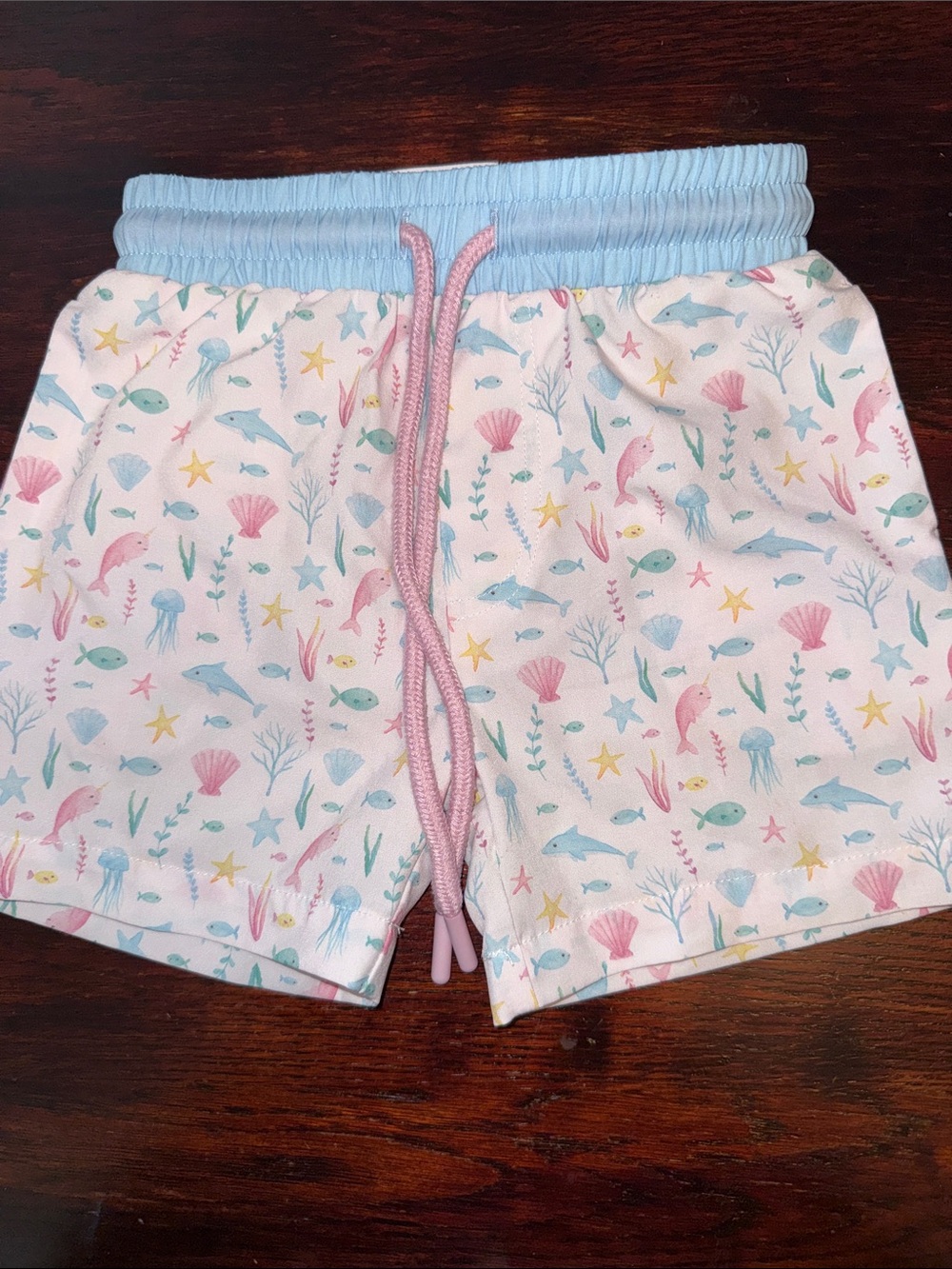 Baby Boyls' Pastel Ocean Print Swim Shorts - Blue Waistband, Pink Drawstring